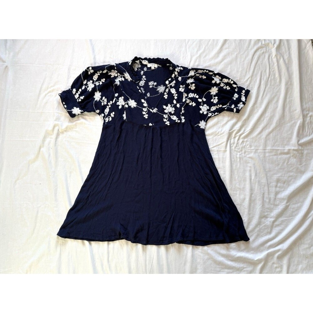 Umgee Boho Chic Embroidered Floral Navy Blue Tunic Mini Dress Size Large